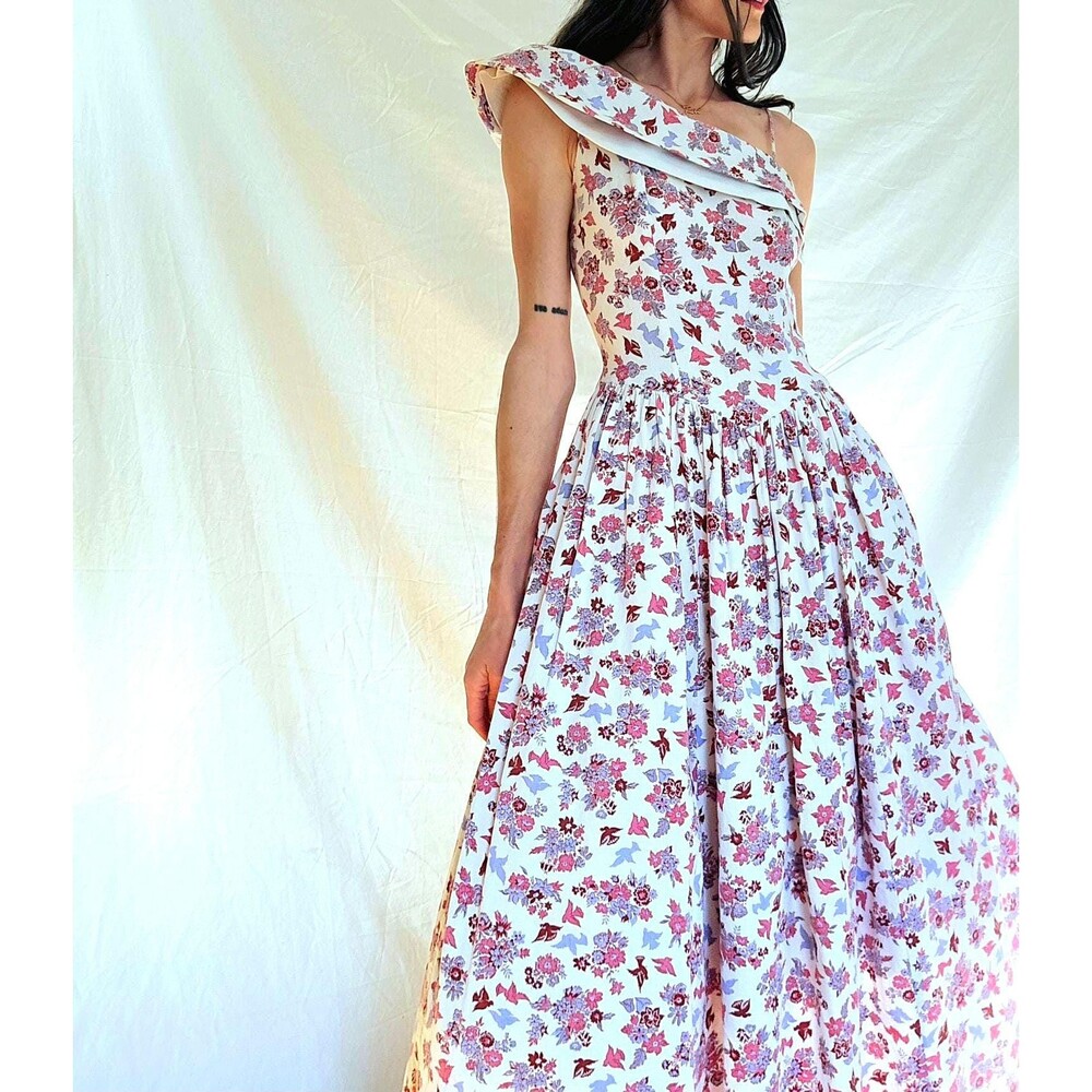 Vtg 1940s Novelty Print Cotton Formal Gown: One Shoulder Floral Maxi Dress S/M - Picture 12 of 14